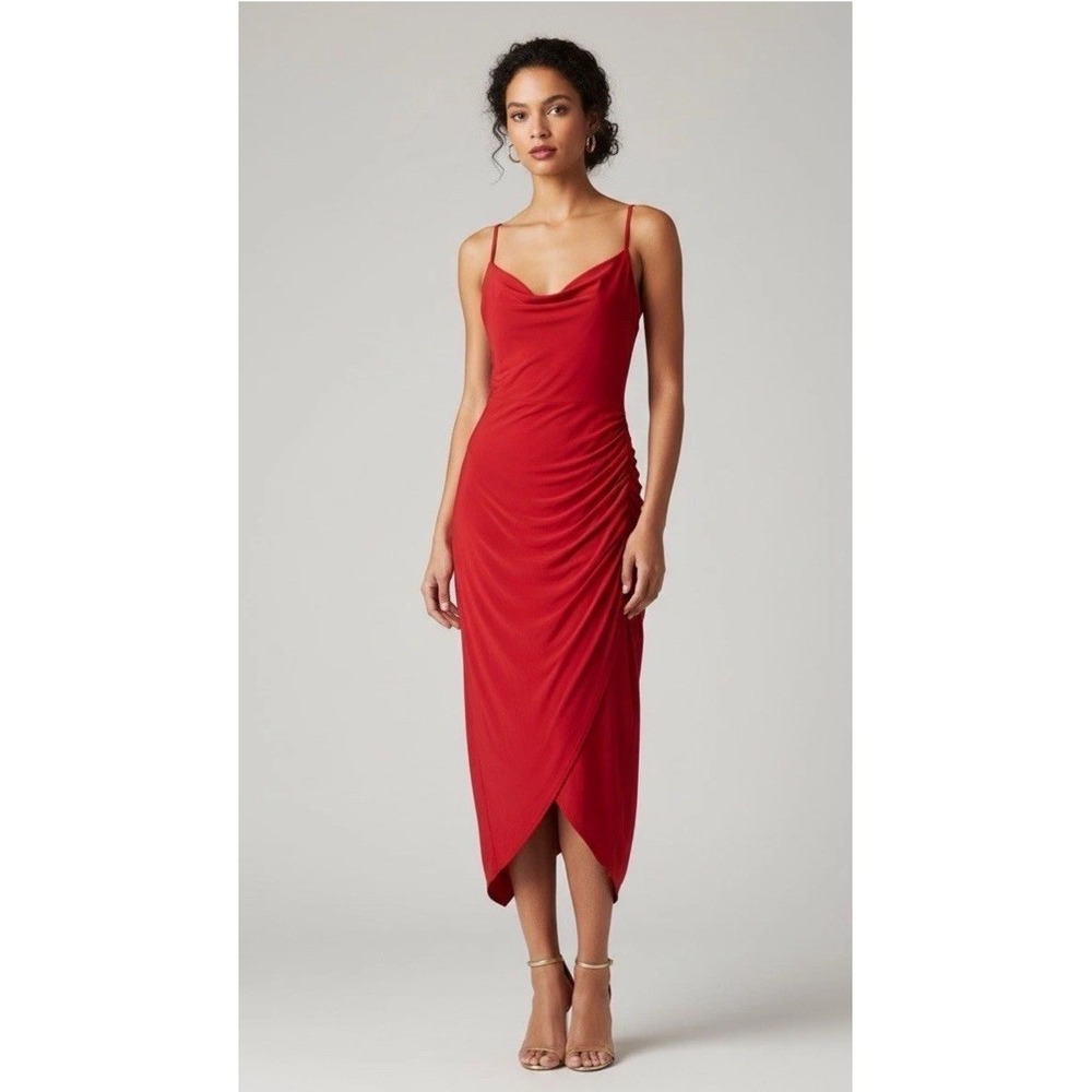 Laundry Shelli Segal Red Sleeveless Cowl Midi Dress Adjustable Straps Sz 12 New